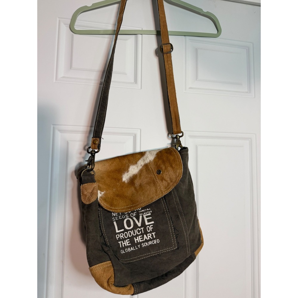 Myra Bag Seeds of Love Canvas Cowhide Leather Crossbody Messenger Bag Green